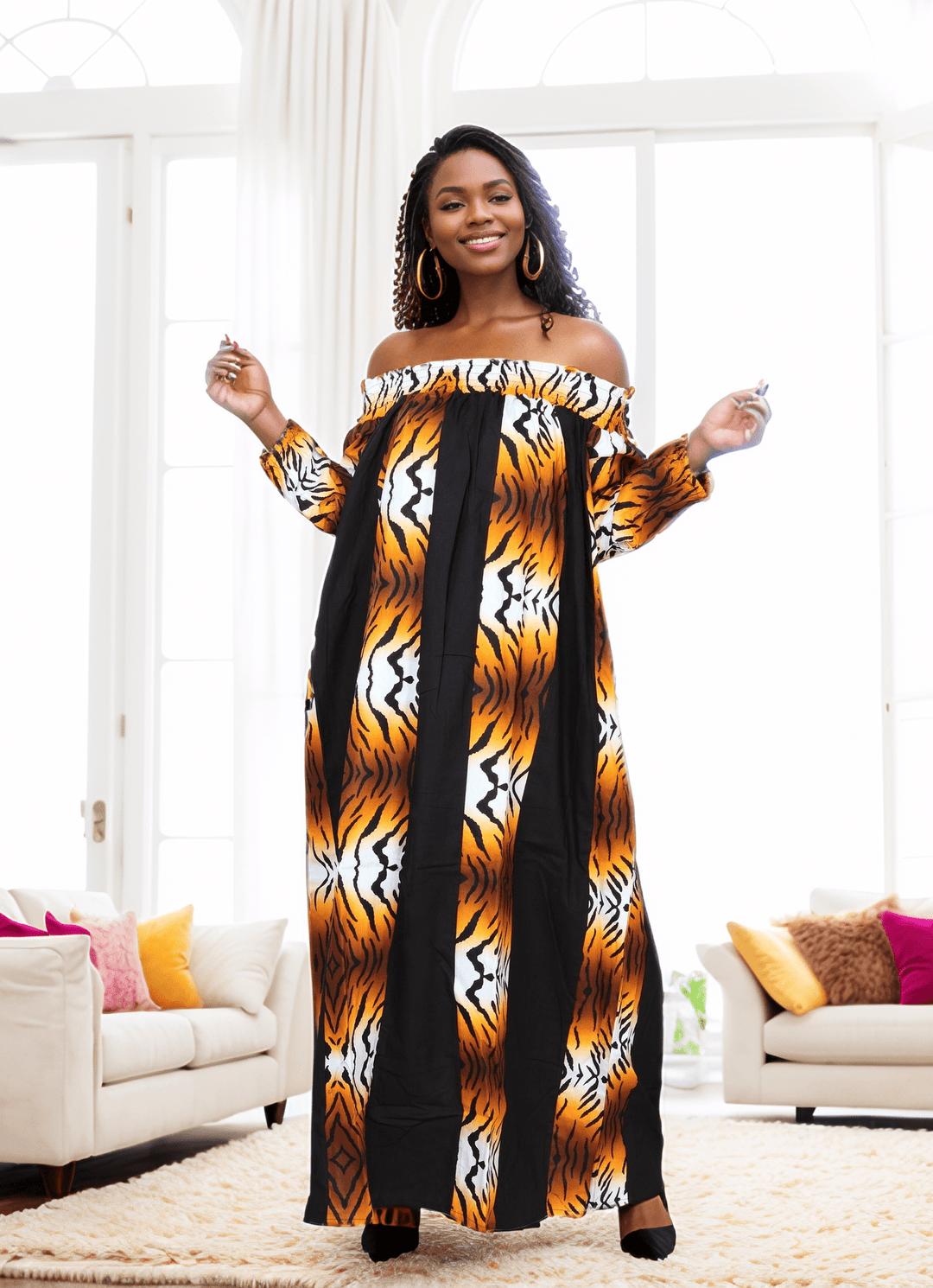 7604 - Latisha Mix Match African Print Off Shoulder Long Dress - Especially Yours