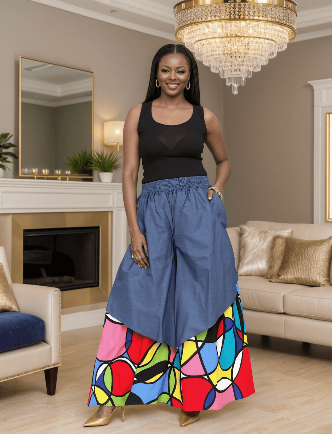 7645D Authentic African Print Denim Overlay Wide Leg Pant - Especially Yours