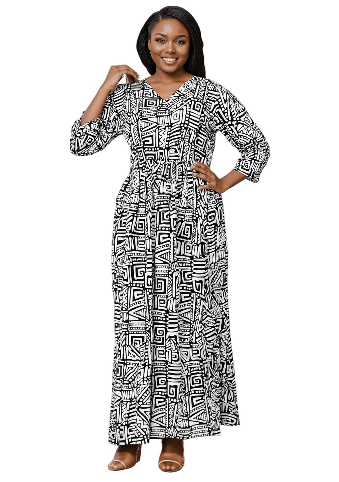 7674 - Aztec Print Maxi Dress with Elastic Waist - Especially Yours
