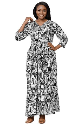 7674-Aztec Print Maxi Dress with Elastic Waist