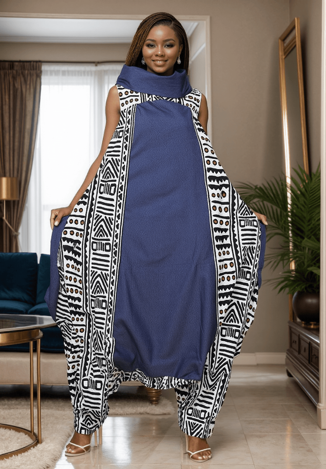 7702 - Mixed Denim and Print Cow Neck Jumpsuit/Dress - Especially Yours