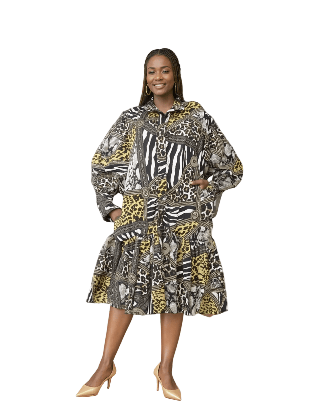 7727 - Button Down Animal Print Midi Dress - Especially Yours