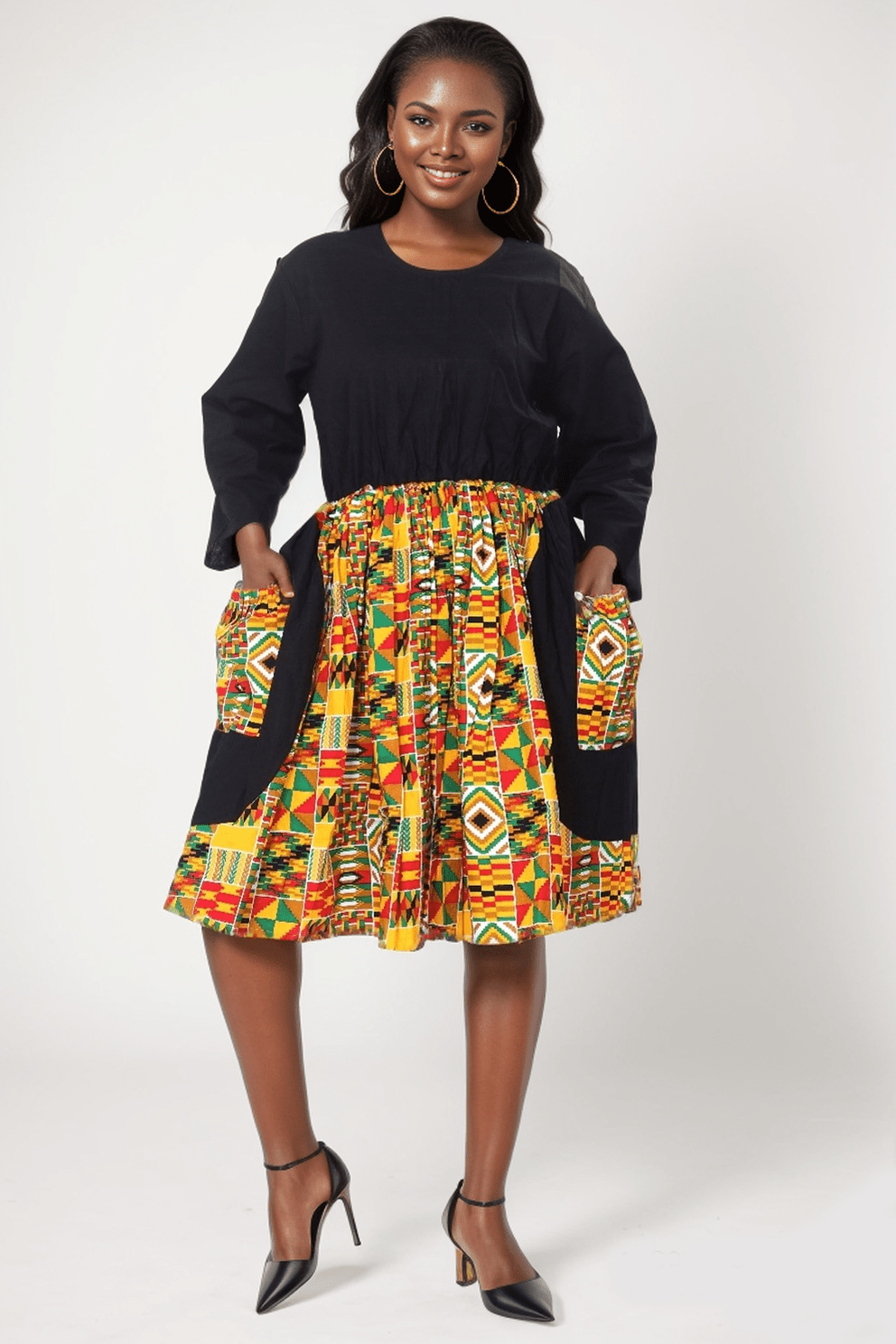 Women's Duo - Tone Solid & African Printed Dress | Round Neckline | Long Sleeves - Especially Yours