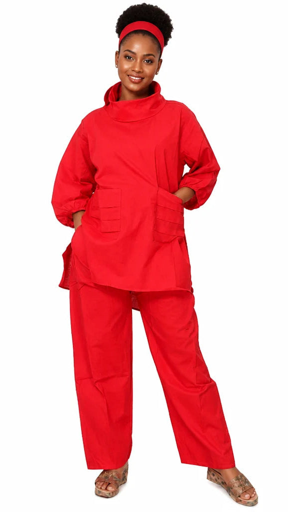7874 Striking Red 2-Piece Mock Neck Tunic Pant Set