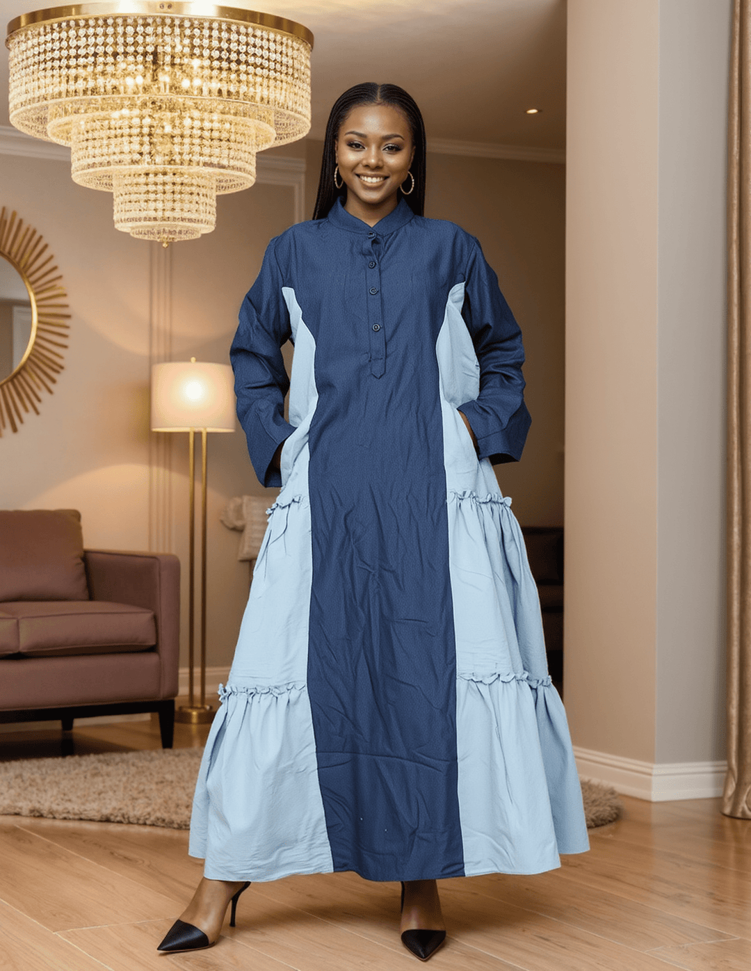 7907 - Gorgeous Two Toned Ankle Length Button Down Pocketed Dress - Especially Yours