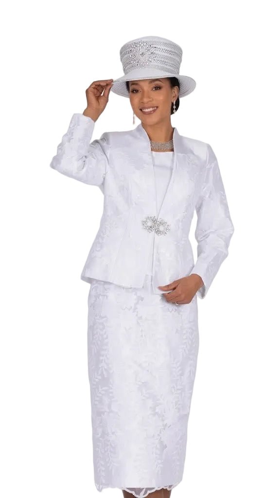 White Floral Jacquard Church Suit with Rhinestone Brooch - Champagne Italy - Especially Yours