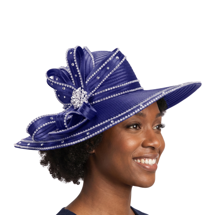Wide Brim Rhinestoned Ribbon Hat