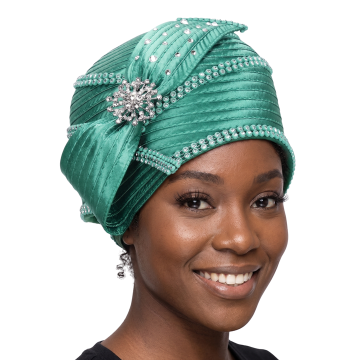 Round Ribbon Hat w/ Brooch and Rhinestoned Strip