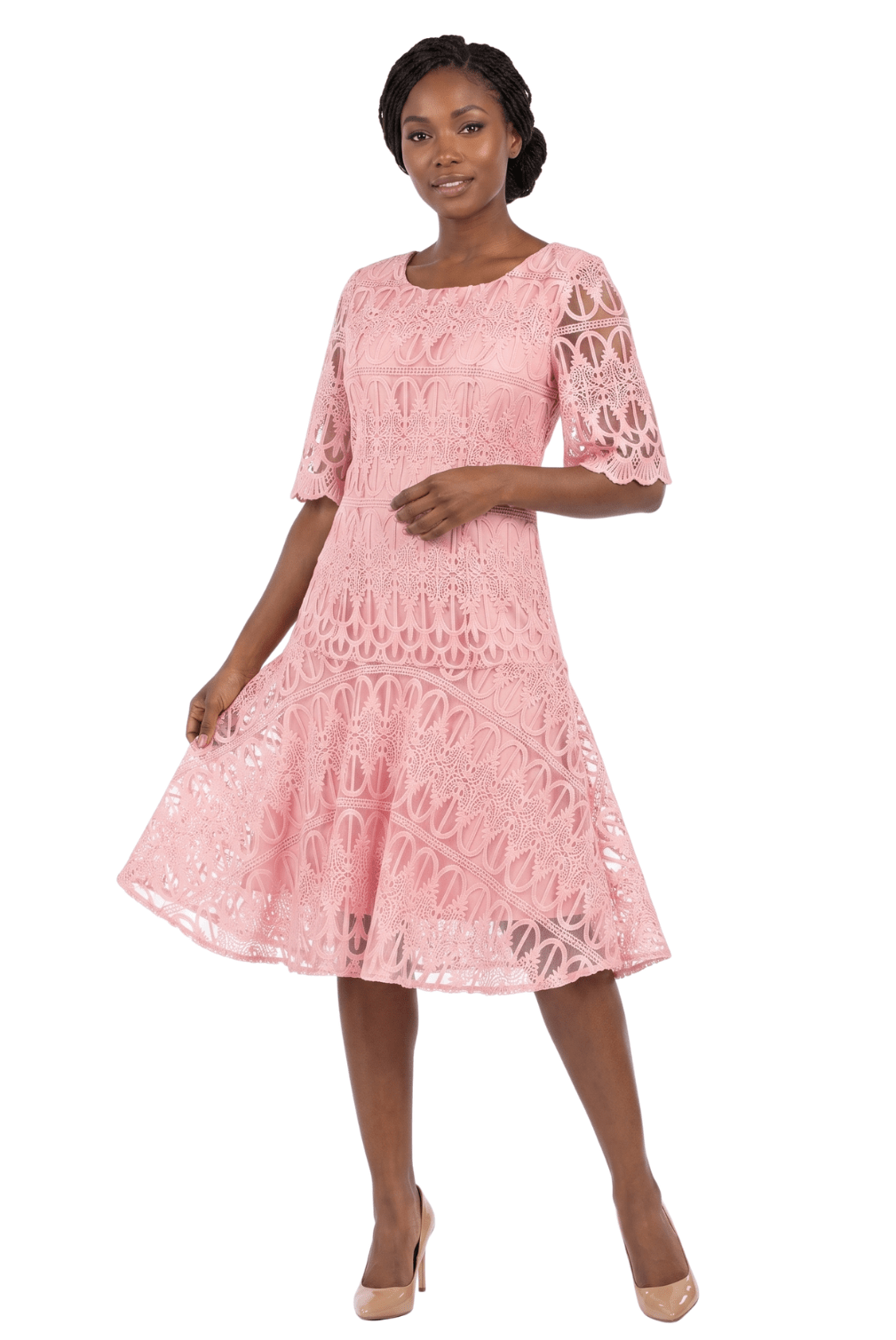1pc Embroidery Lux Lace Pleated Flare Dress-Plus - Especially Yours