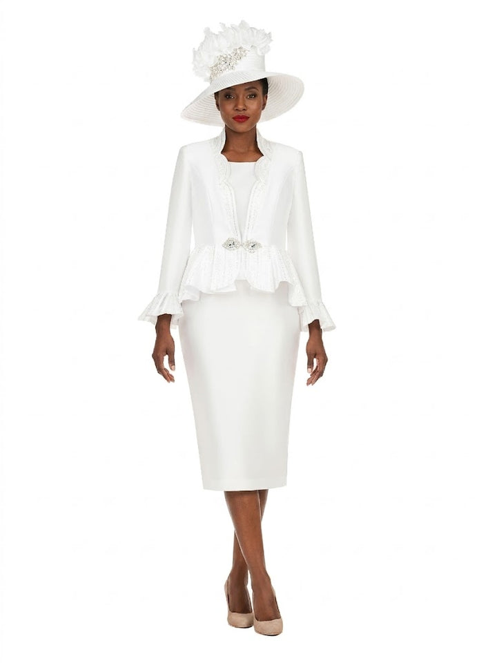 Silky 3pc Peplum Skirt Suit w/ Scalloped Trim