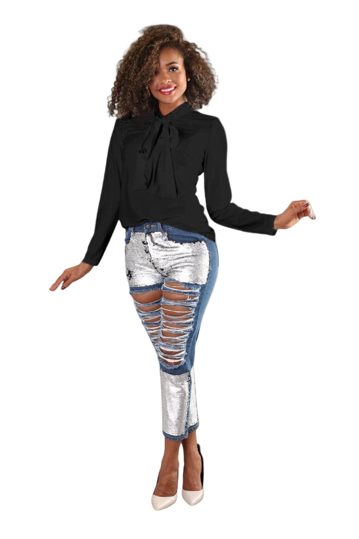 Black Long Sleeve Blouse Top with Bow Tie – Smart Casual 81535