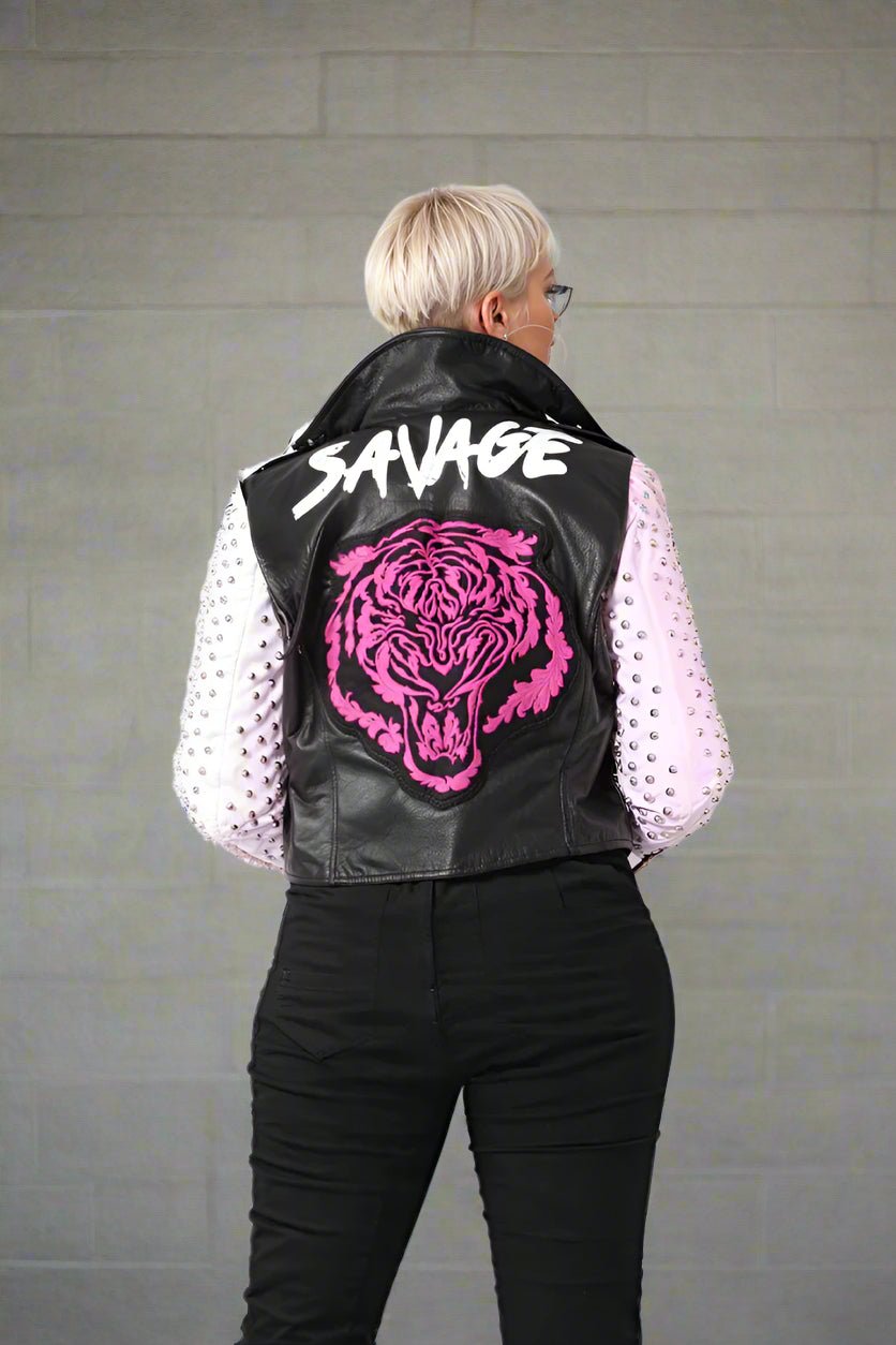 Studded Faux Leather Moto Jacket with Embroidered Tiger Back - 81751 - Especially Yours