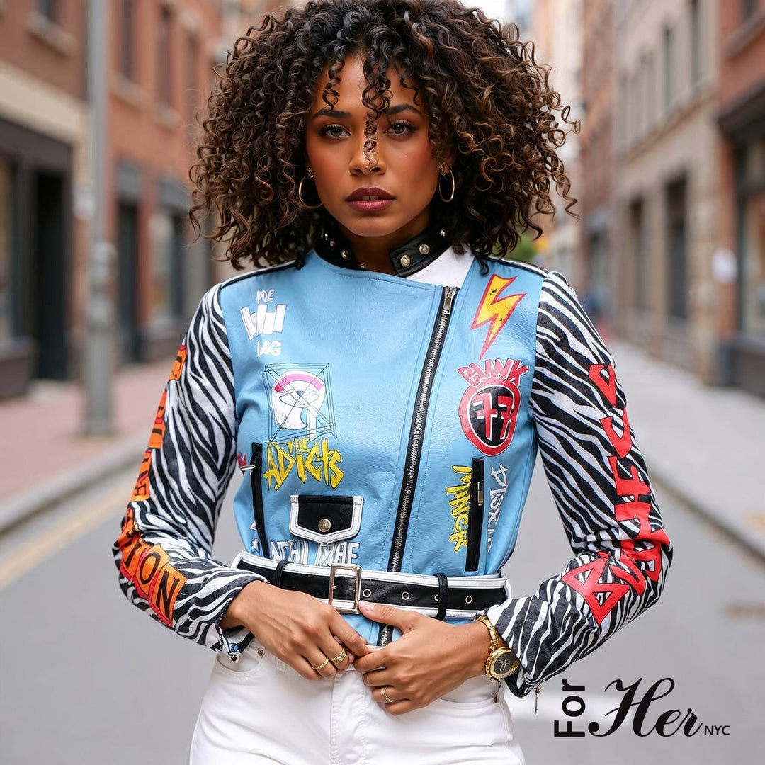 Leather Zebra - Print Moto Jacket with Embroidered Tiger - 81762 - Especially Yours