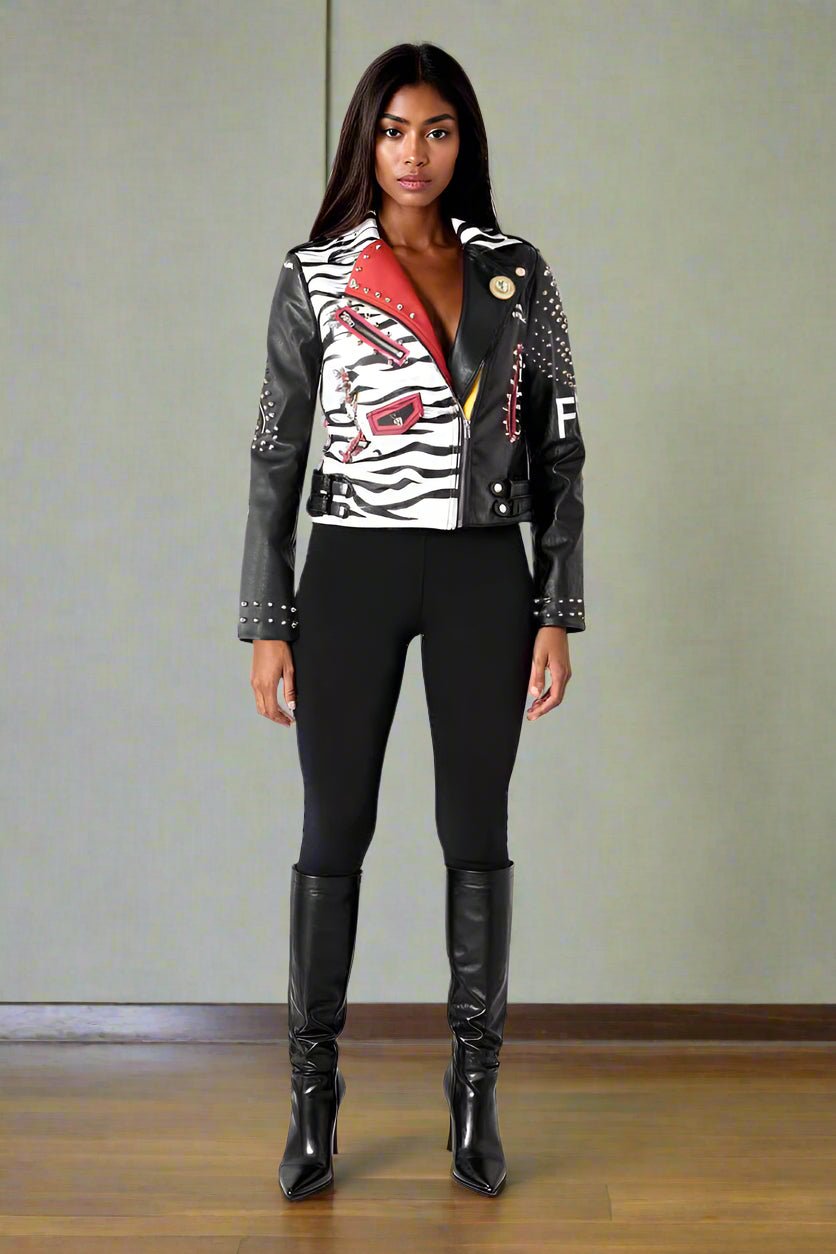 Moto Leather Zebra Printed Jacket | 81769 - Especially Yours