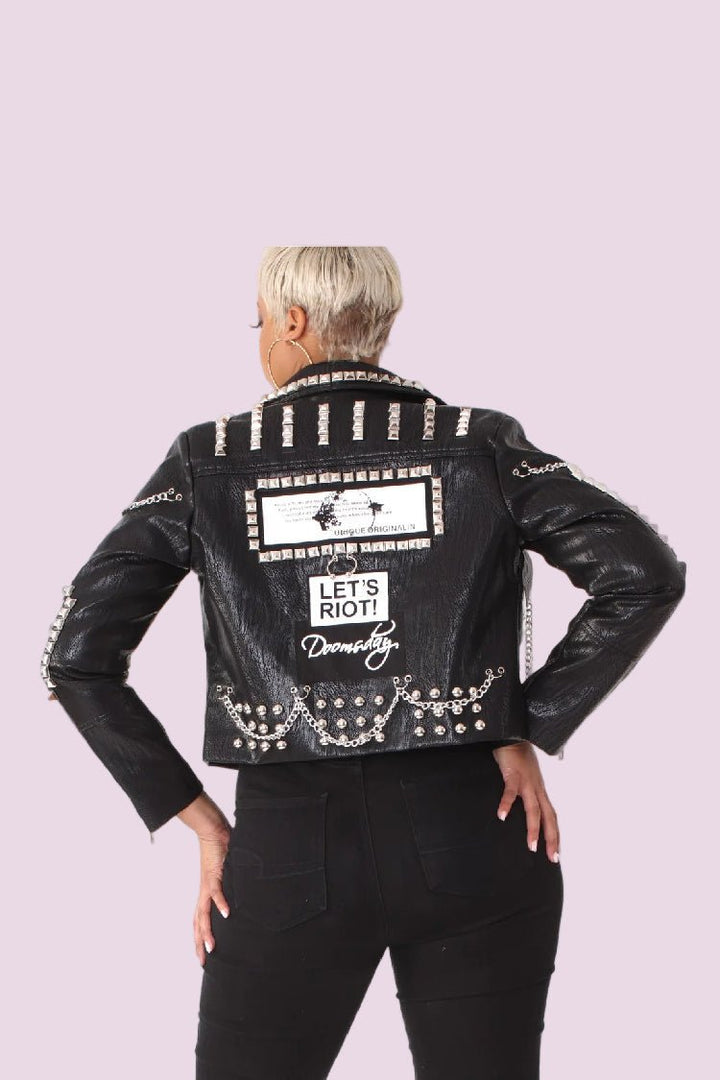 Studded Leather Moto Jacket with Graphic Prints - 81771 - Especially Yours