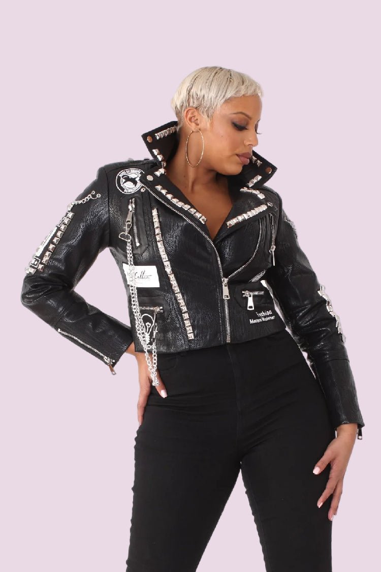 Studded Leather Moto Jacket with Graphic Prints - 81771 - Especially Yours