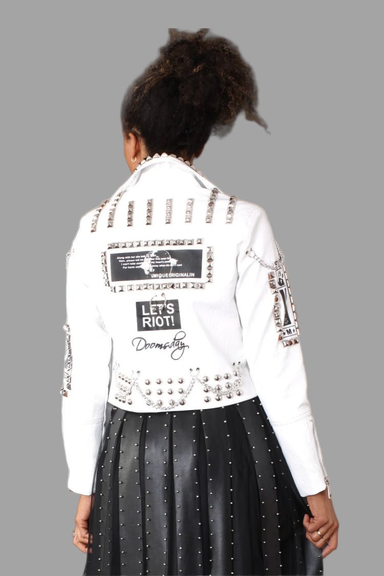 Studded Leather Moto Jacket with Graphic Prints - 81771 - Especially Yours