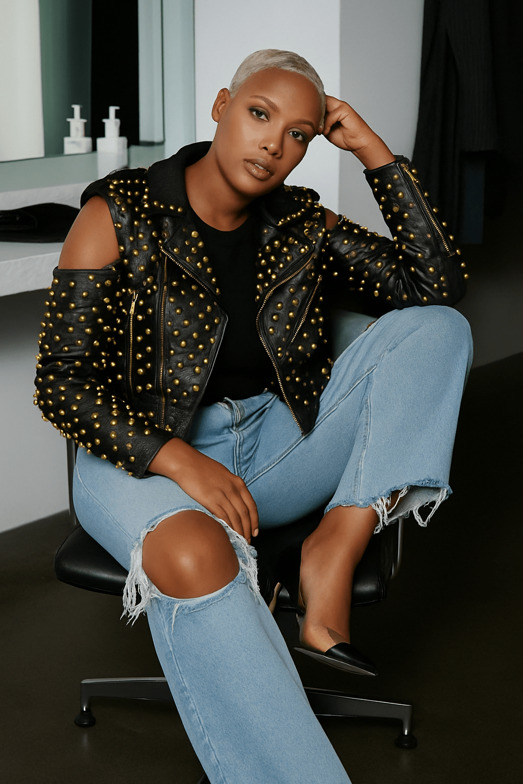 Studded Pleather Moto Jacket with Open Shoulders - 81936 - Especially Yours