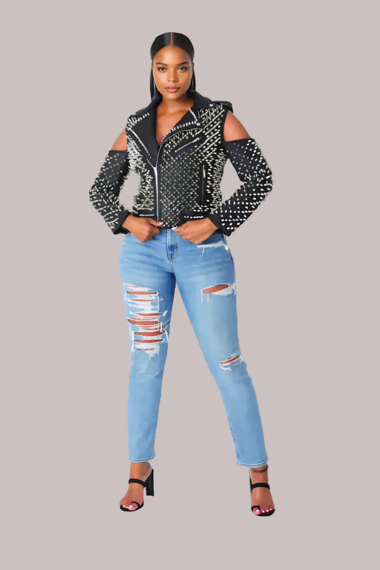 Studded Pleather Moto Jacket with Open Shoulders- 81936