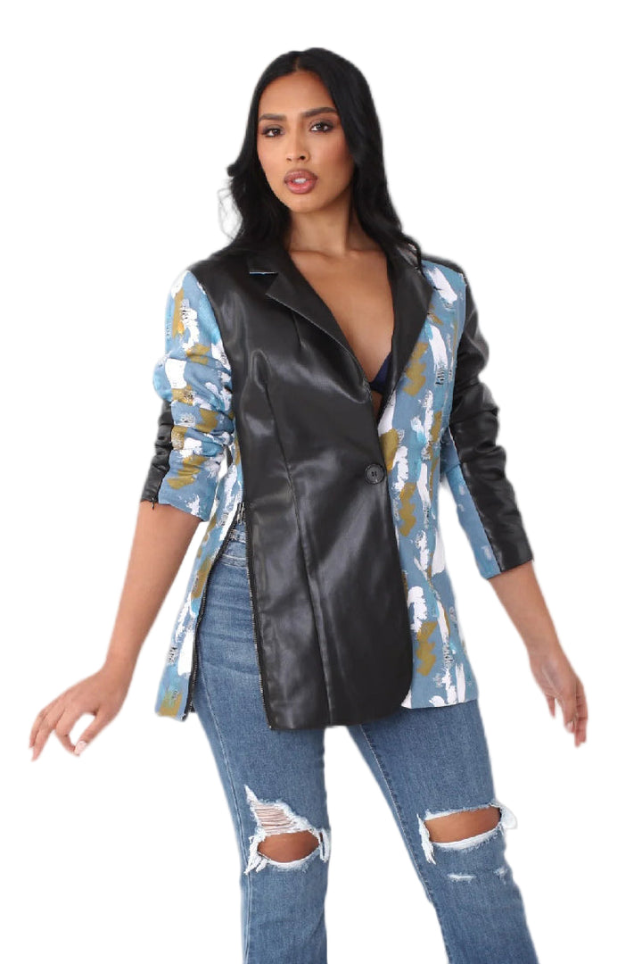 Abstract Print Leather Blazer -82056