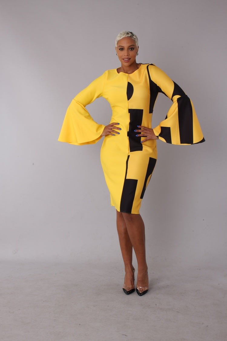 Color Block Bell Sleeve Dress for Trendy Look BLACK/PINK / XL