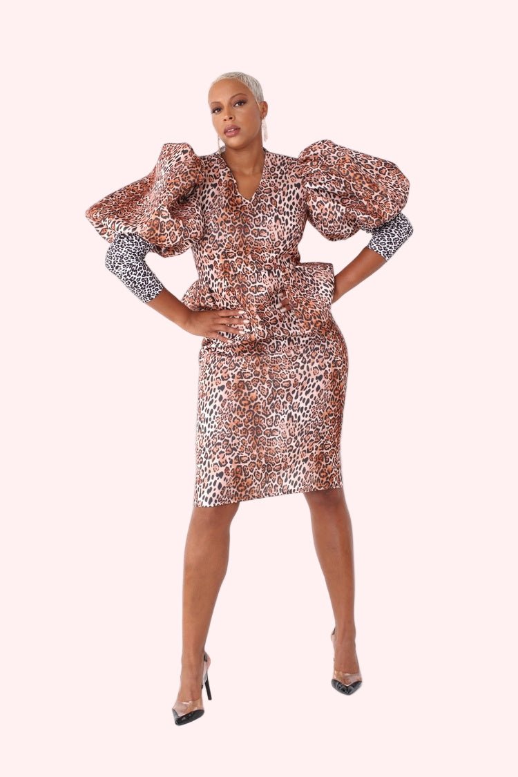 Leopard Print Puff - Sleeve Peplum Dress - 82143 - Especially Yours