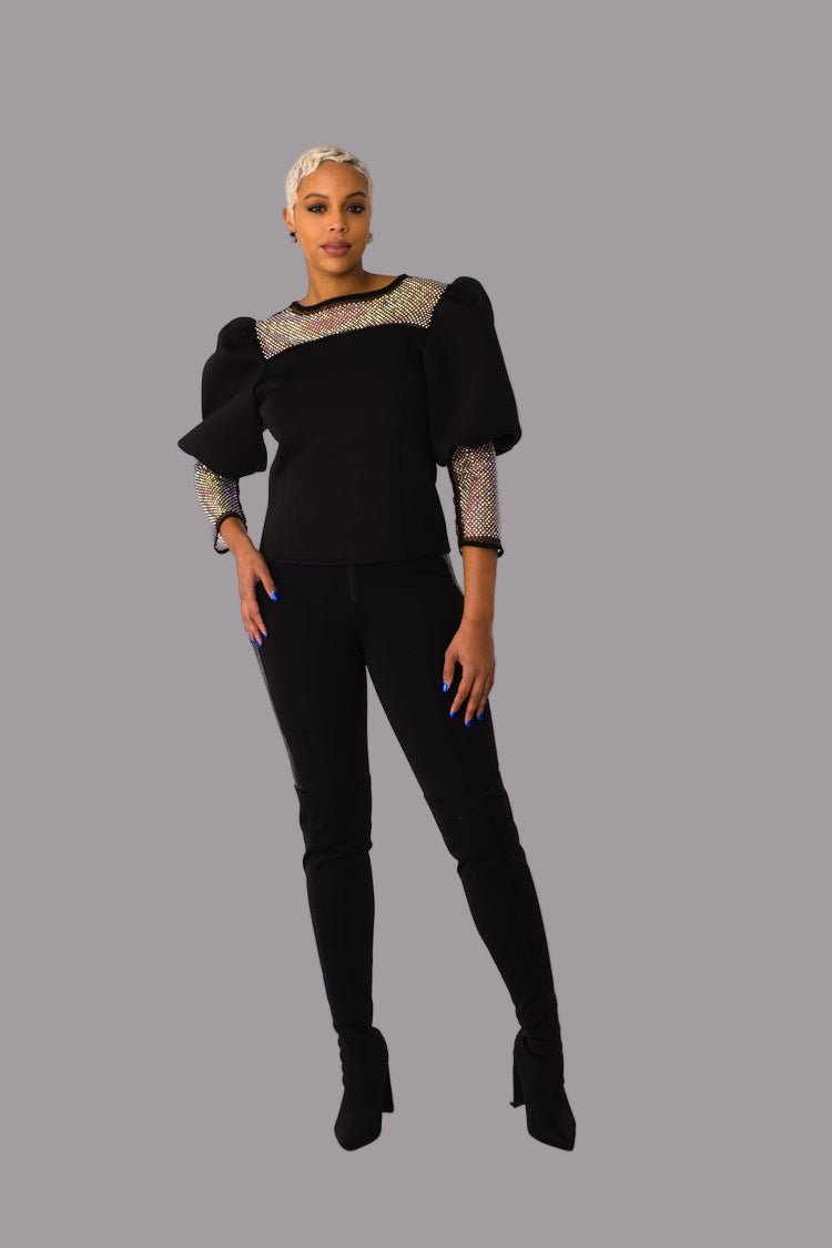Rhinestone Mesh Yoke Puff Sleeve Top – Elegant Evening Blouse - 82233 - Especially Yours
