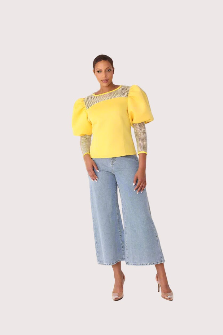 Rhinestone Mesh Yoke Puff Sleeve Top – Elegant Evening Blouse - 82233 - Especially Yours