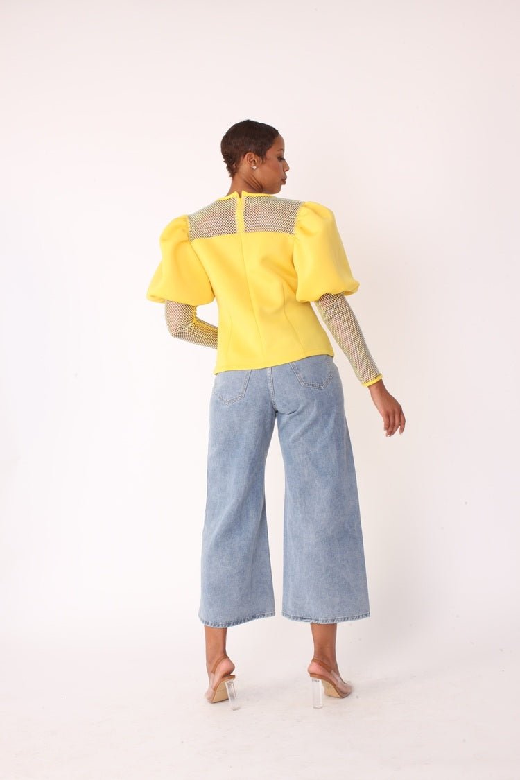 Rhinestone Mesh Yoke Puff Sleeve Top – Elegant Evening Blouse - 82233 - Especially Yours
