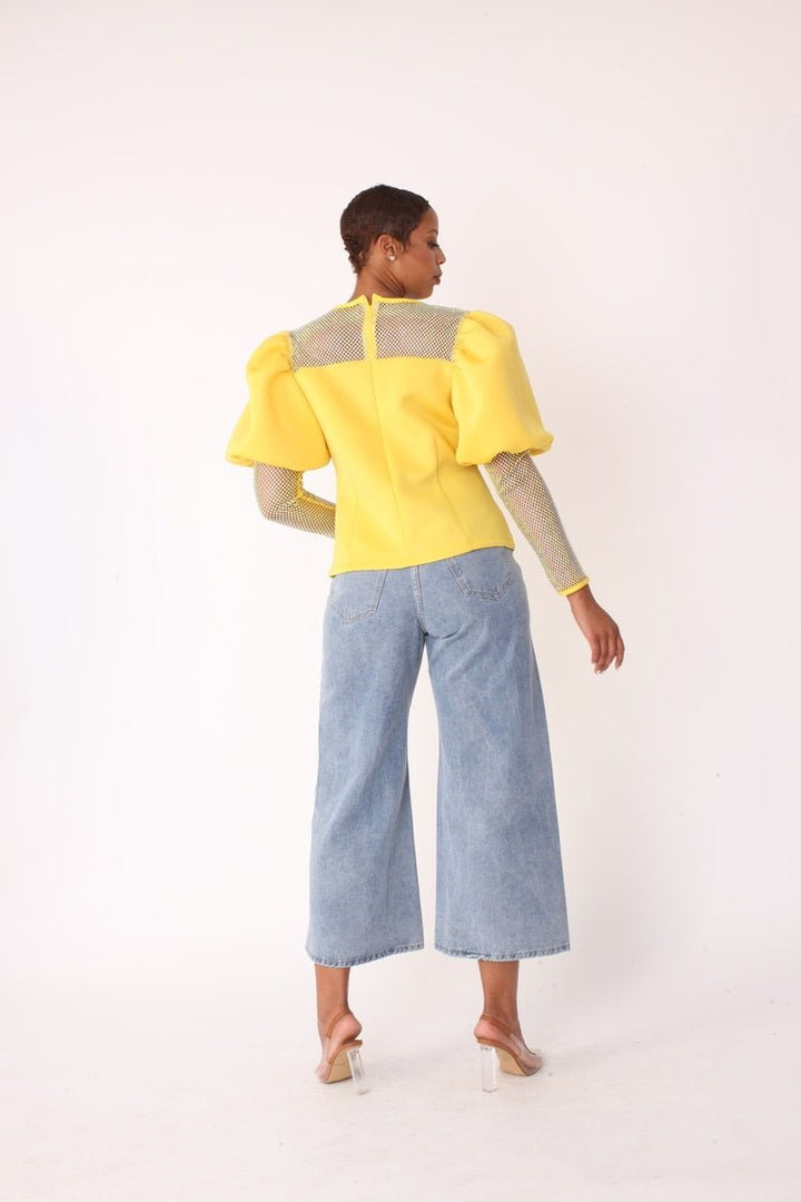 Rhinestone Mesh Yoke Puff Sleeve Top – Elegant Evening Blouse - 82233 - Especially Yours