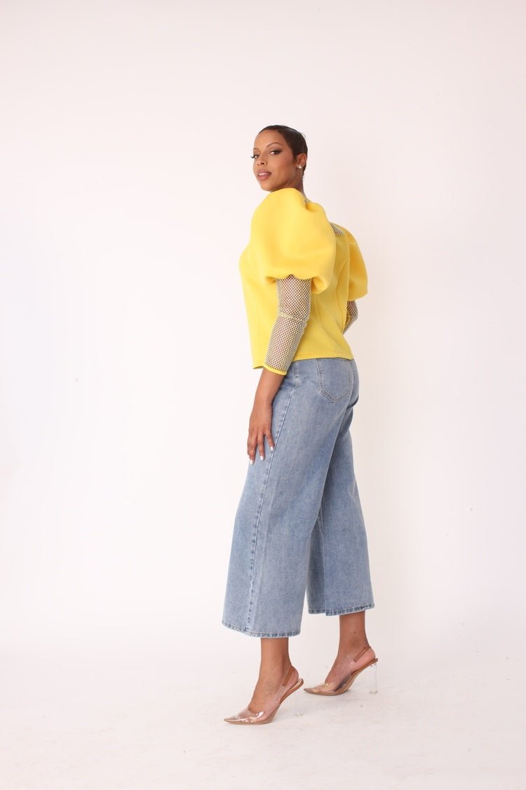 Rhinestone Mesh Yoke Puff Sleeve Top – Elegant Evening Blouse - 82233 - Especially Yours