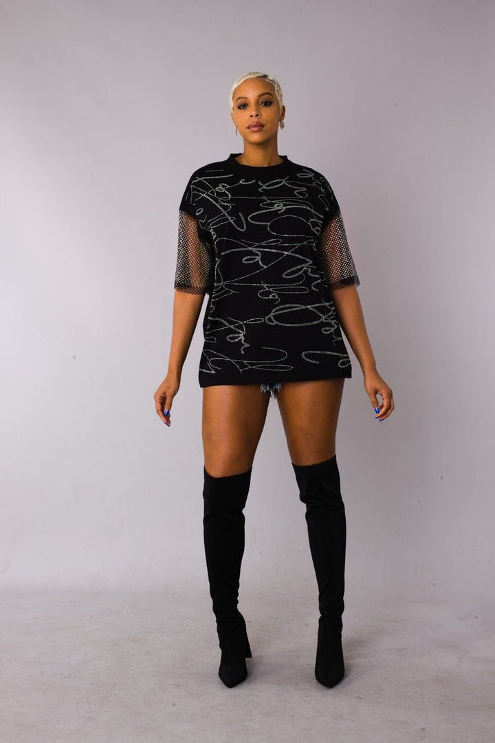 Rhinestone Script Mesh Sleeve Top 82235 – Glamorous Black Blouse - Especially Yours