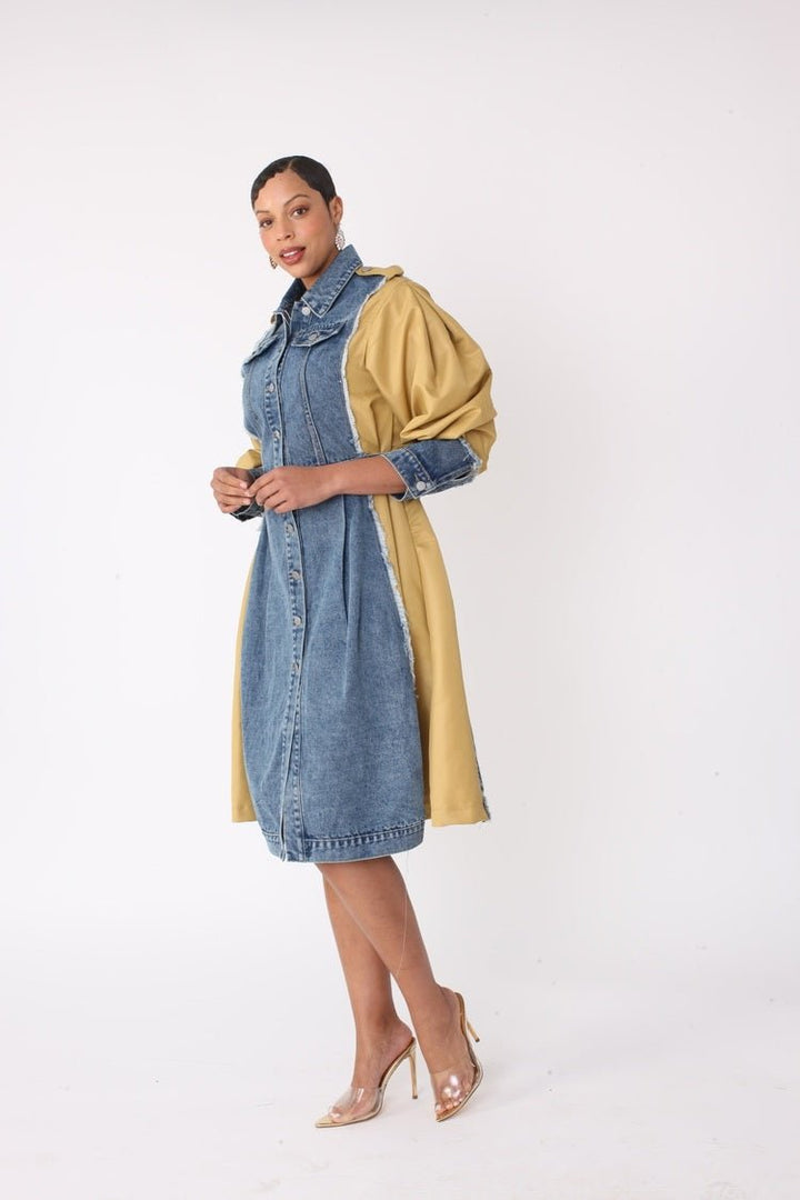 Two Tone Denim Dress for Chic Casual Style DENIM/KHAKI / S