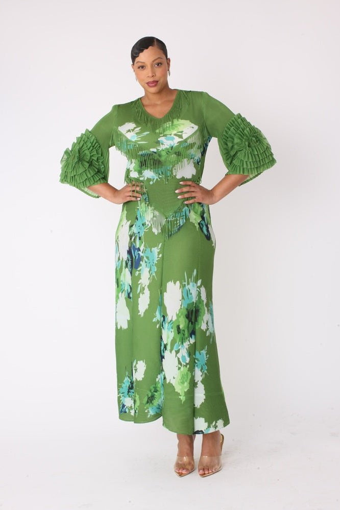 Elegant Floral Print Pleated Midi Dress GREEN/MULTI / S Elegant Floral Print Pleated Midi Dress GREEN/MULTI / S