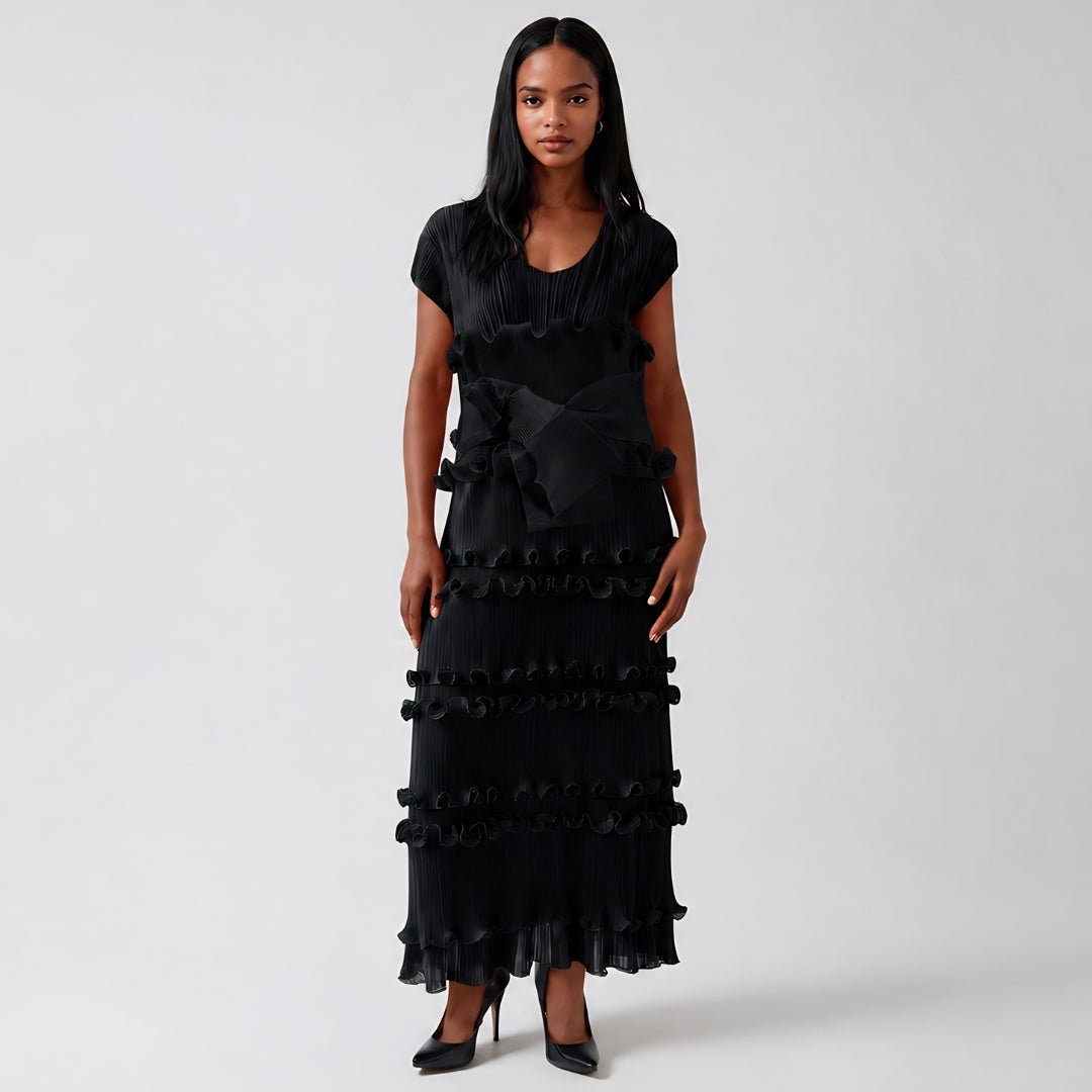Ruffled Pleated Maxi Dress with Waist Tie - 82948 - Especially Yours