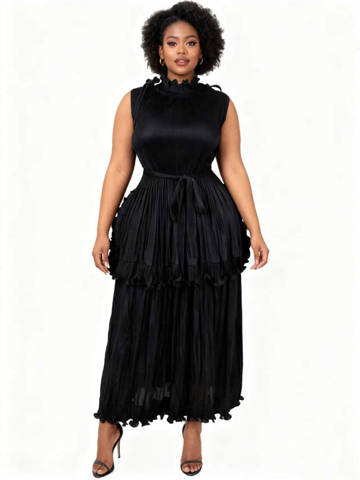 Ruffle Tiered Pleated Midi Dress - 83007