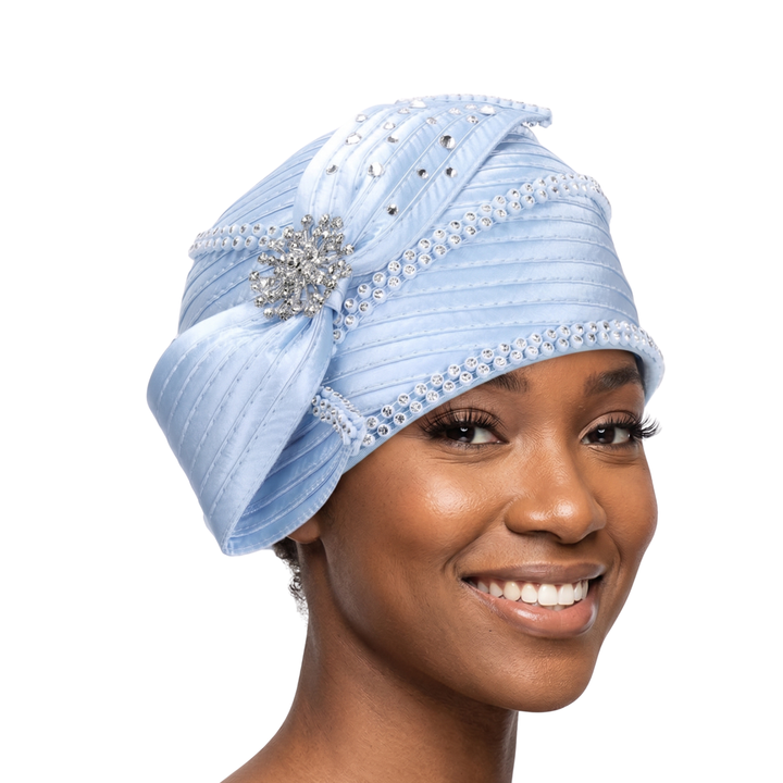 Round Ribbon Hat w/ Brooch and Rhinestoned Strip