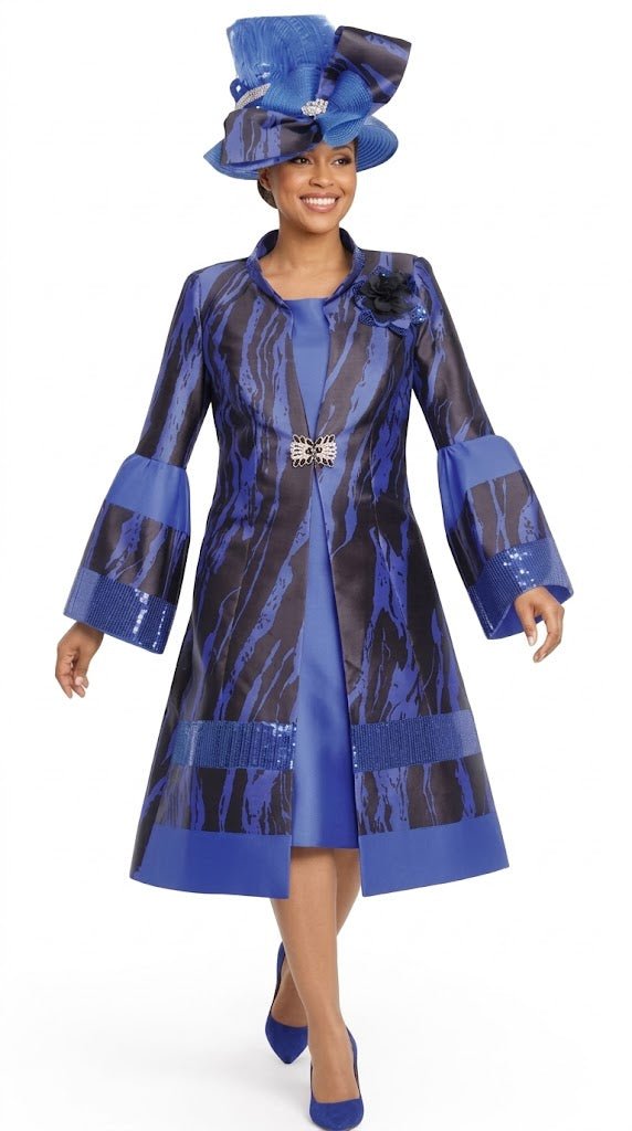 Elite Champagne 6170-RY Royal Print Duster Shift Dress Set with Sequin Trim - Especially Yours