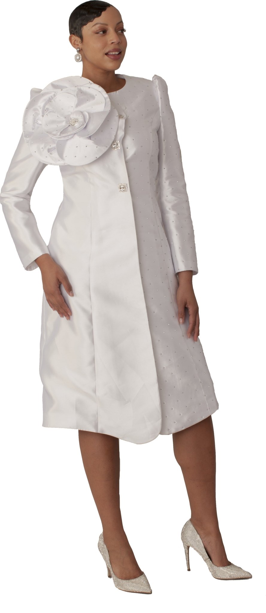 Pearl - Studded Floral Appliqué Coat Dress - 9751 - Especially Yours