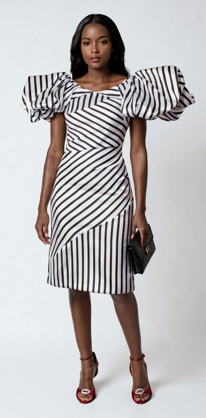 Dramatic Striped Midi Dress with Statement Sleeves - 9758 - Especially Yours