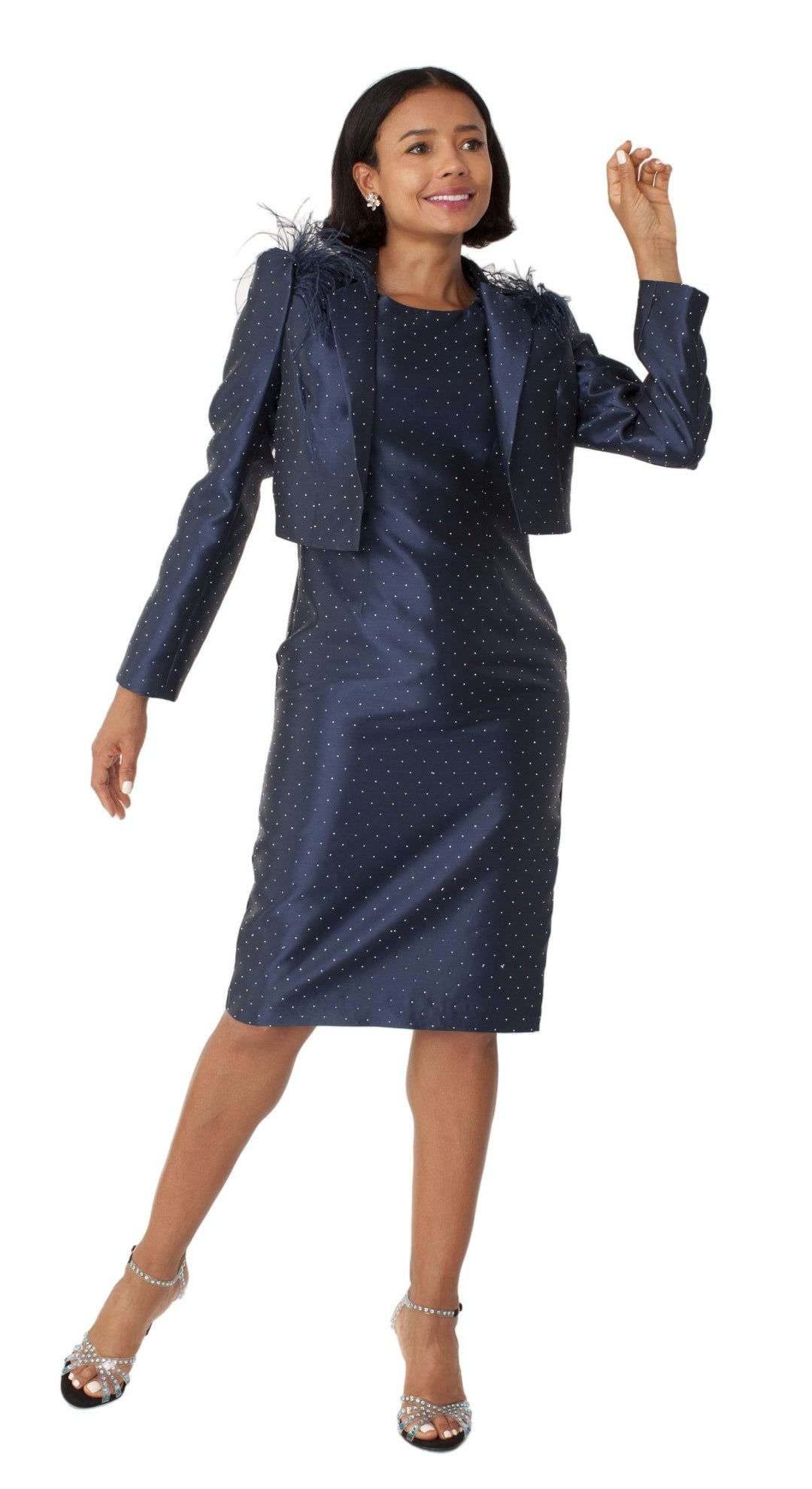 Navy Cocktail Dress and Jacket with Rhinestones & Feathered Shoulders - 9766 - Especially Yours
