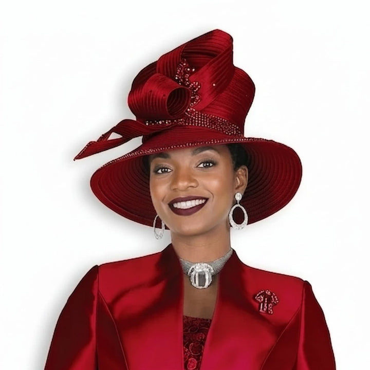 Champagne Italy Sky Blue Bow-Accent Wide Brim Church Hat with Rhinestones H6261 - Especially Yours