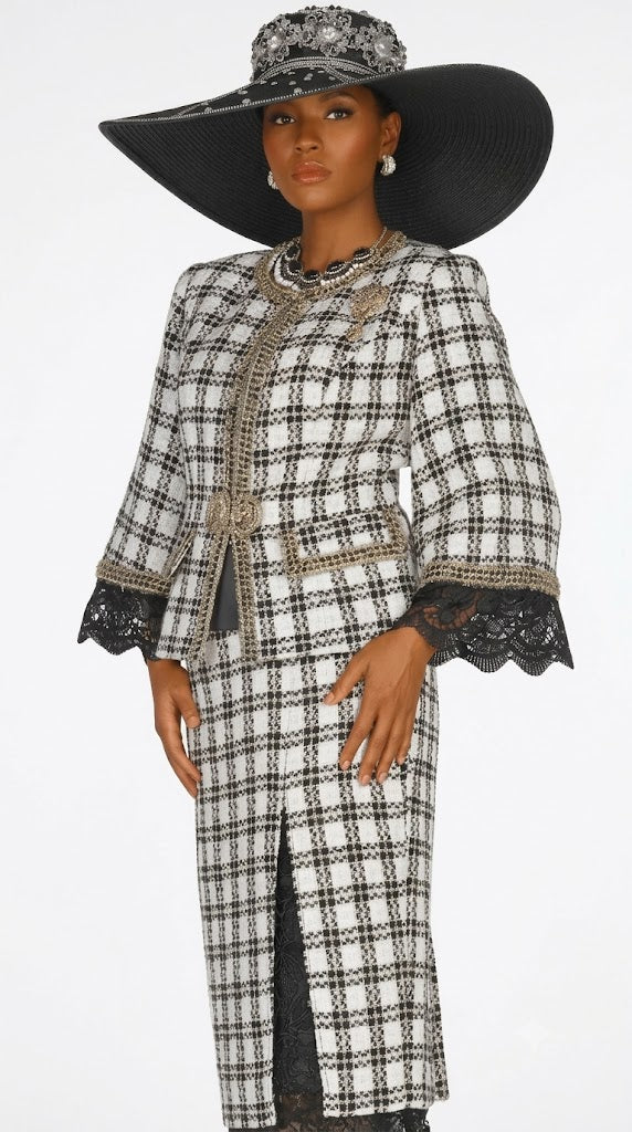 Elegant Elite Champagne 6165-OW Three-Piece Knit Plaid Skirt Suit with Cami - Especially Yours