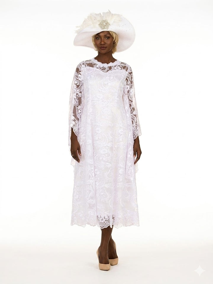 White Lace A-Line Dress with Draped Sheer Sleeves