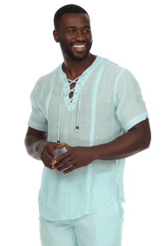 Men's Beachwear Henley Lace Up Shirt Short Sleeve