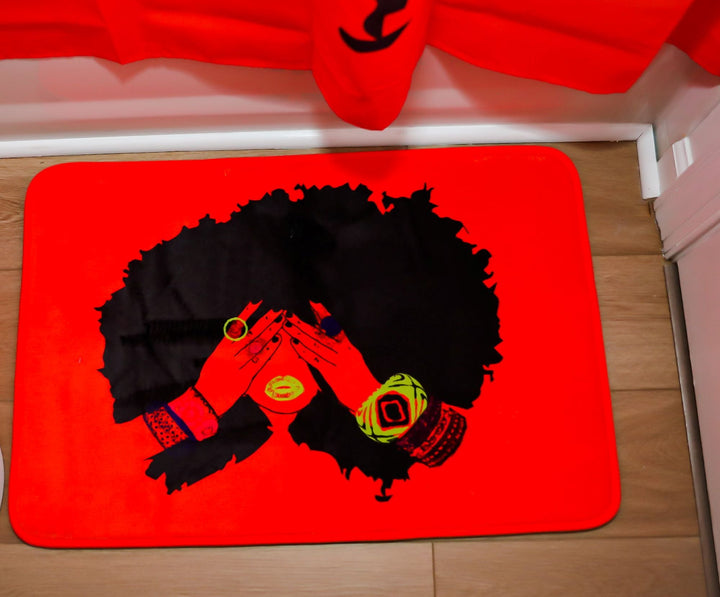 Pardon My Fro Shanell orange mat – hot pink cobalt blue lime green and gold bangles on dramatic red-orange | EY