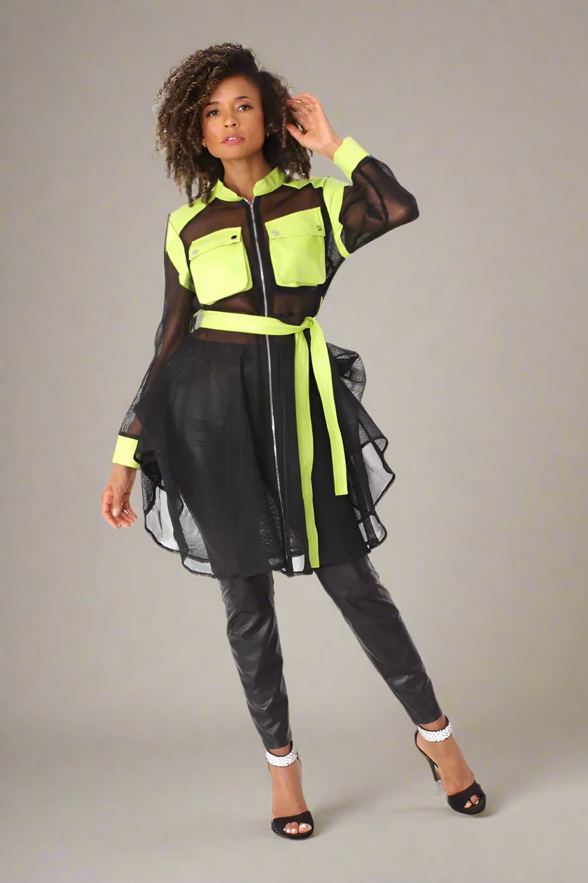 Net Mixed Media Jacket with Belt – Faux Leather Accents, Mid - Size | For Her NYC 81950 - Especially Yours