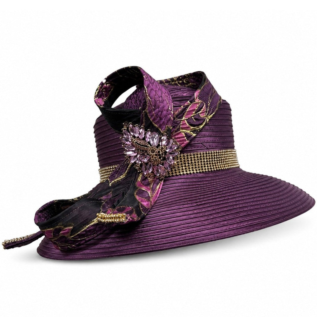 Plum Elegance Wide-Brim Hat w/ Jeweled Floral Bow - Especially Yours