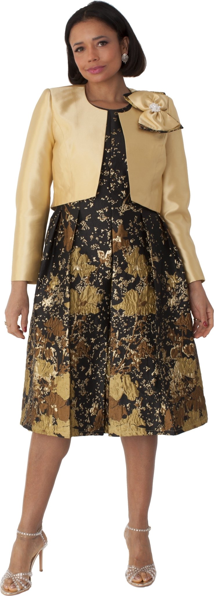 Brocade Dress Set with Jacket & Brooch - 4830 - Especially Yours