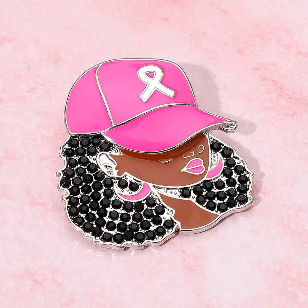 Rhinestone Paved Cool Afro Woman in Awareness Pink Ribbon Cap Pin Brooch - Especially Yours